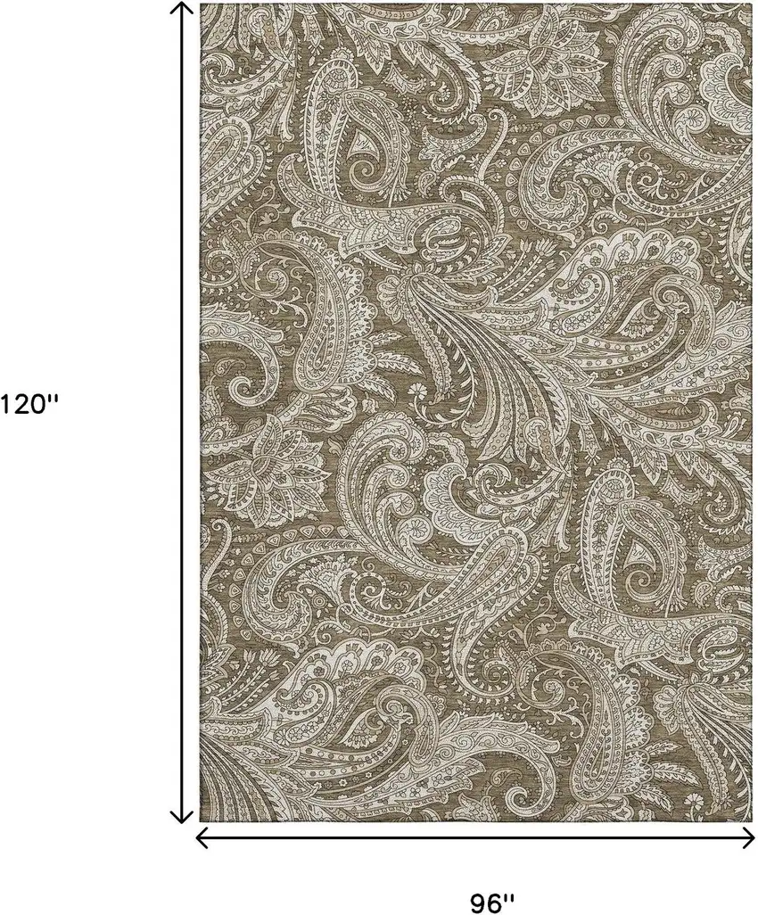 Chocolate And Ivory Paisley Washable Area Rug With UV Protection Photo 3