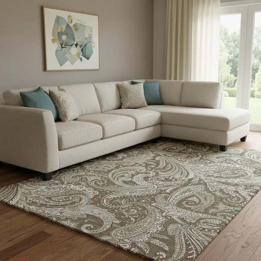 Chocolate And Ivory Paisley Washable Area Rug With UV Protection Photo 1