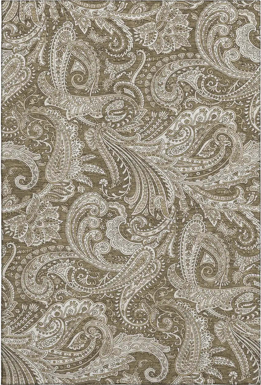 Chocolate And Ivory Paisley Washable Area Rug With UV Protection Photo 2