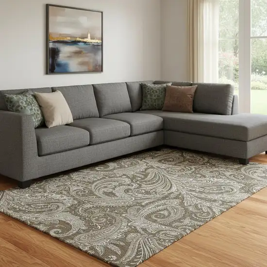 Chocolate And Ivory Paisley Washable Area Rug With UV Protection Photo 1