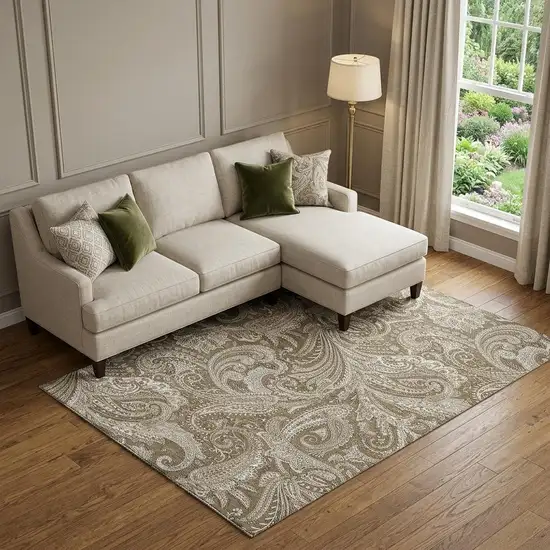 Chocolate And Ivory Paisley Washable Area Rug With UV Protection Photo 1