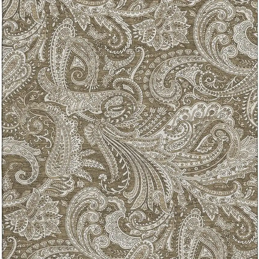 Chocolate And Ivory Paisley Washable Area Rug With UV Protection Photo 5