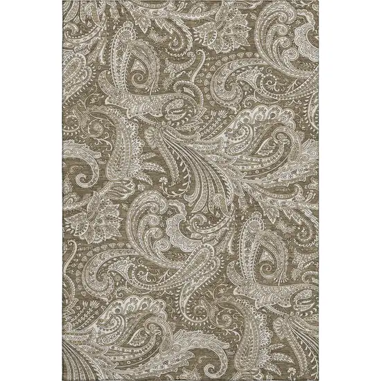 Chocolate And Ivory Paisley Washable Area Rug With UV Protection Photo 2