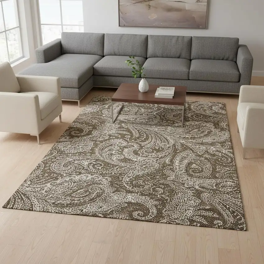 Chocolate And Ivory Paisley Washable Area Rug With UV Protection Photo 3