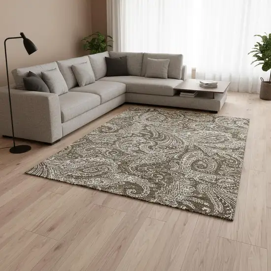 Chocolate And Ivory Paisley Washable Area Rug With UV Protection Photo 1