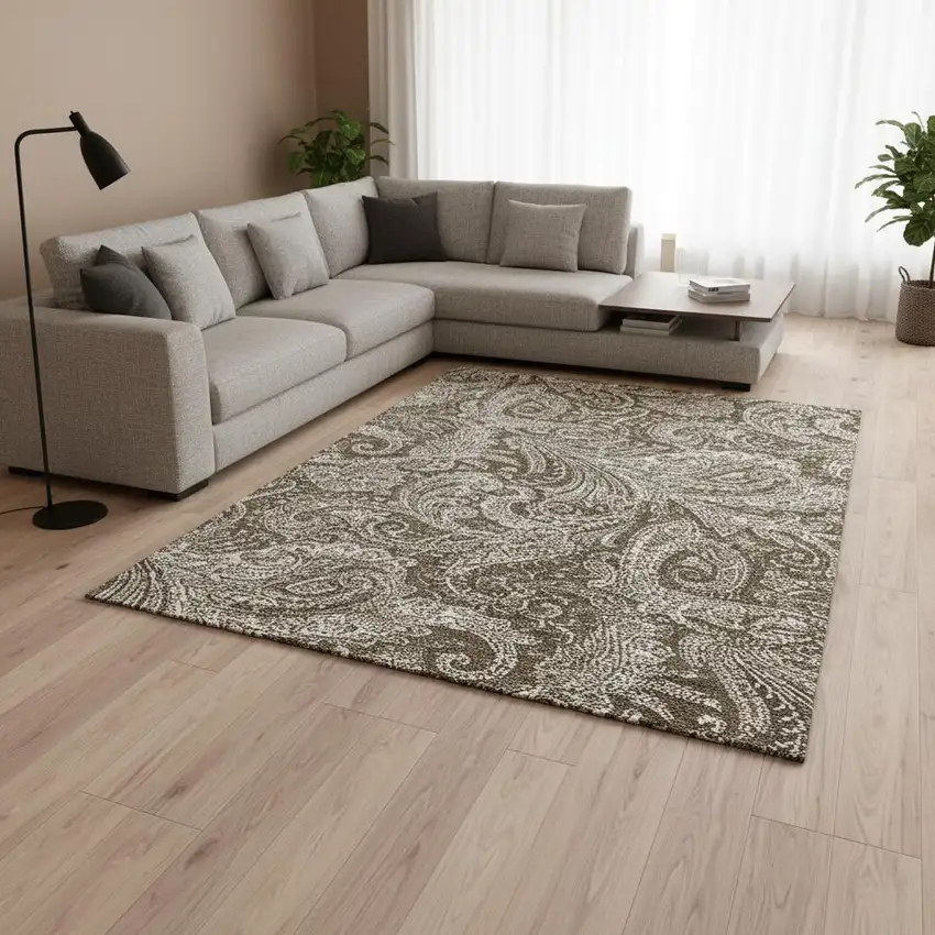 Chocolate And Ivory Paisley Washable Area Rug With UV Protection Photo 1