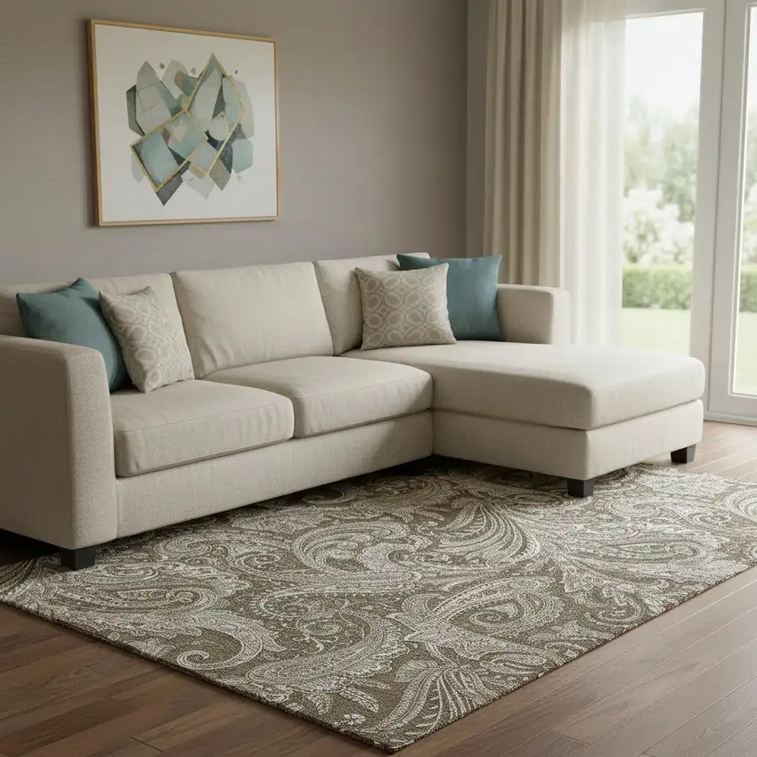 Chocolate And Ivory Paisley Washable Area Rug With UV Protection Photo 1