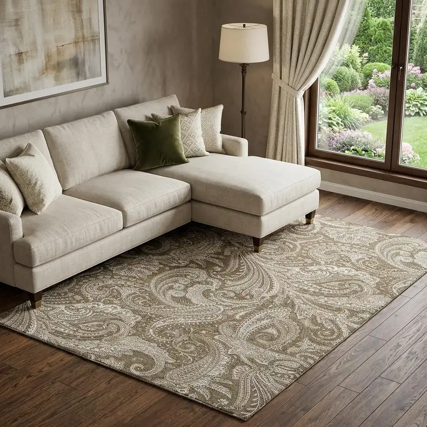 Chocolate And Ivory Paisley Washable Area Rug With UV Protection Photo 1