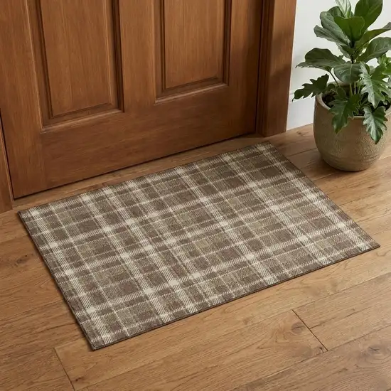 Chocolate And Ivory Plaid Washable Area Rug With UV Protection Photo 1