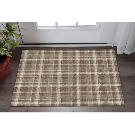 Chocolate And Ivory Plaid Washable Area Rug With UV Protection Photo 2