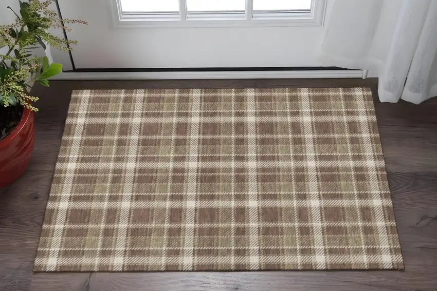 Chocolate And Ivory Plaid Washable Area Rug With UV Protection Photo 2