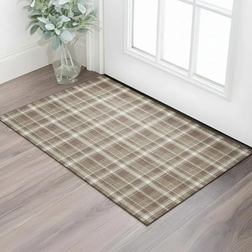 Chocolate And Ivory Plaid Washable Area Rug With UV Protection Photo 1