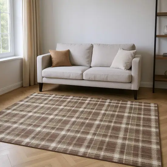 Chocolate And Ivory Plaid Washable Area Rug With UV Protection Photo 2
