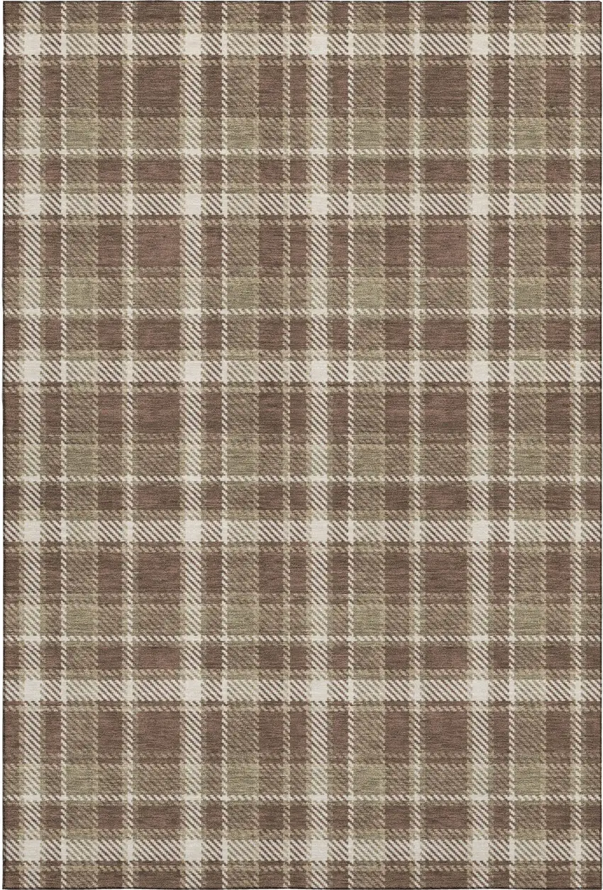 Chocolate And Ivory Plaid Washable Area Rug With UV Protection Photo 1