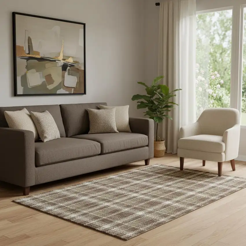 Chocolate And Ivory Plaid Washable Area Rug With UV Protection Photo 1