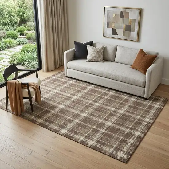 Chocolate And Ivory Plaid Washable Area Rug With UV Protection Photo 1