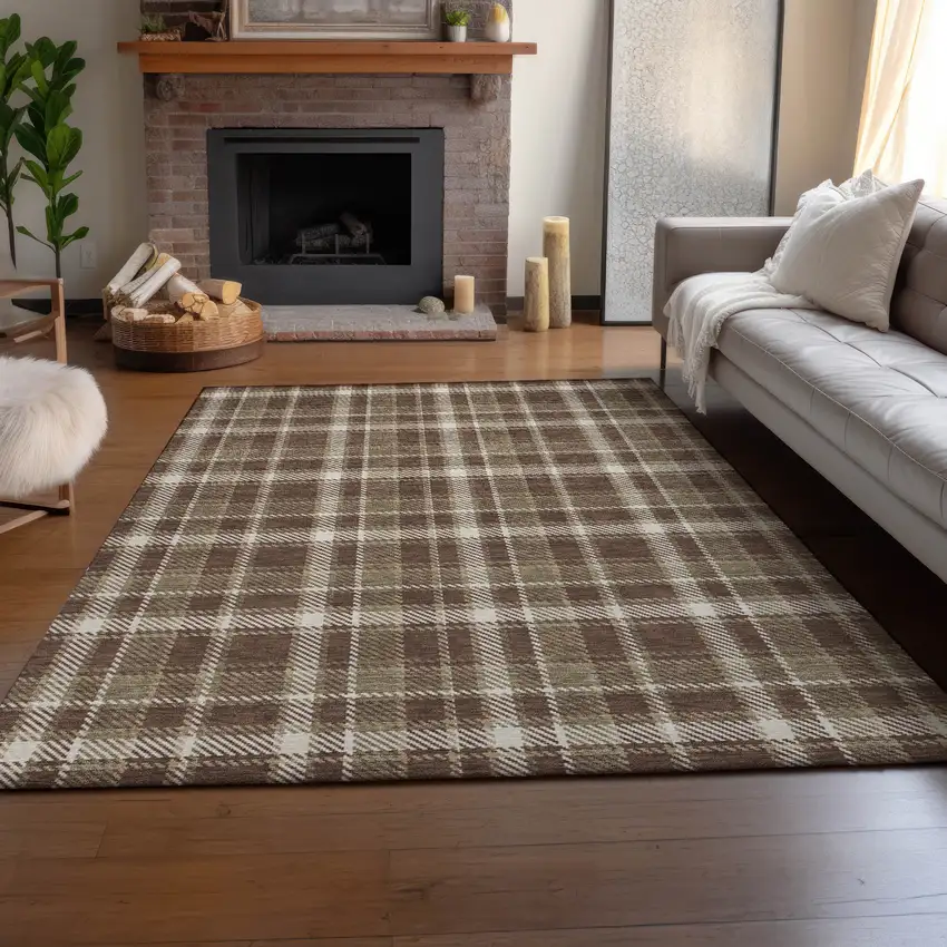 Chocolate And Ivory Plaid Washable Area Rug With UV Protection Photo 4