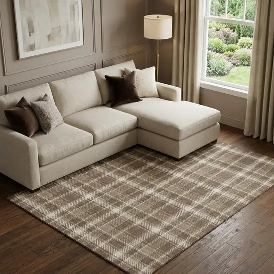 Chocolate And Ivory Plaid Washable Area Rug With UV Protection Photo 1