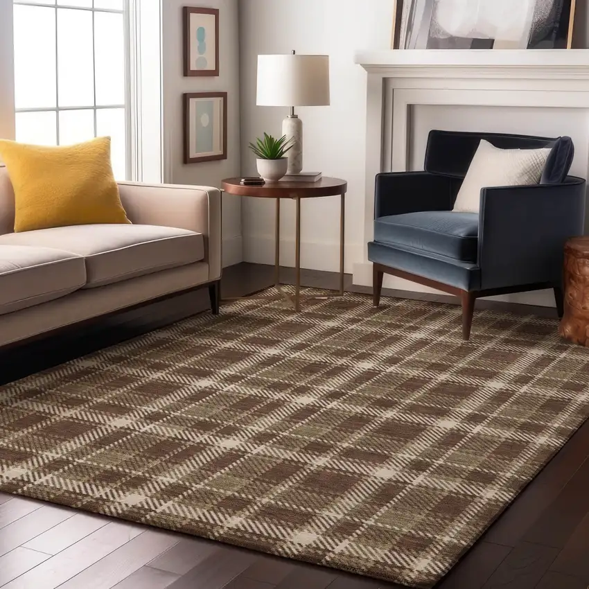 Chocolate And Ivory Plaid Washable Area Rug With UV Protection Photo 3