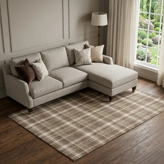 Chocolate And Ivory Plaid Washable Area Rug With UV Protection Photo 1