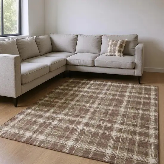 Chocolate And Ivory Plaid Washable Area Rug With UV Protection Photo 2