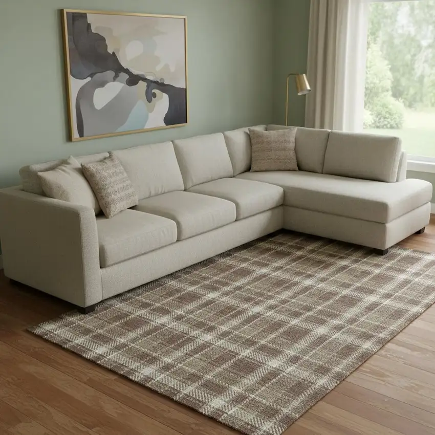 Chocolate And Ivory Plaid Washable Area Rug With UV Protection Photo 1