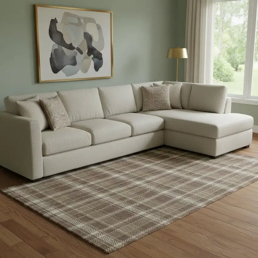 Chocolate And Ivory Plaid Washable Area Rug With UV Protection Photo 1