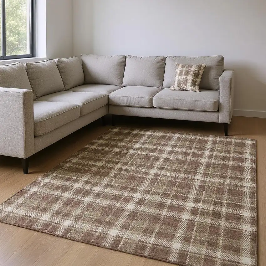 Chocolate And Ivory Plaid Washable Area Rug With UV Protection Photo 2