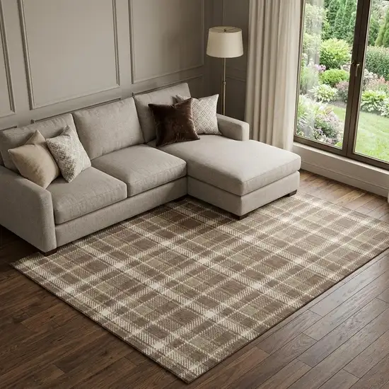Chocolate And Ivory Plaid Washable Area Rug With UV Protection Photo 1