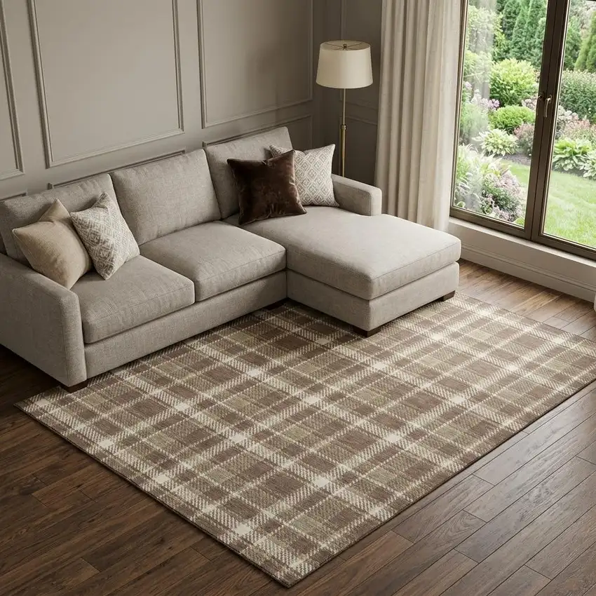 Chocolate And Ivory Plaid Washable Area Rug With UV Protection Photo 1