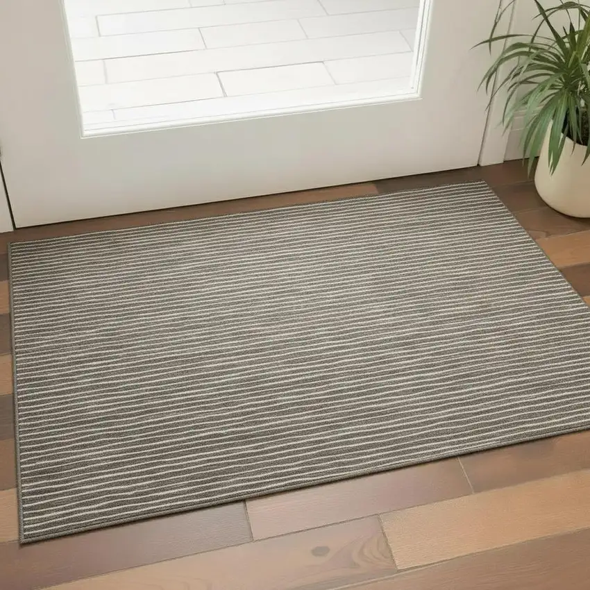 Chocolate And Ivory Striped Washable Area Rug With UV Protection Photo 1