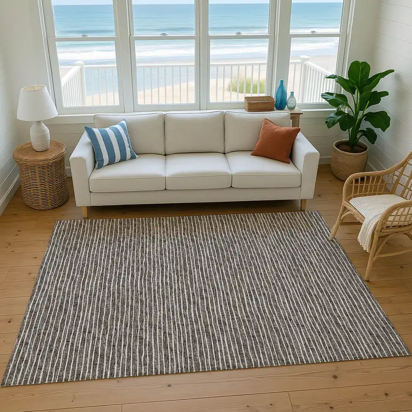 Chocolate And Ivory Striped Washable Area Rug With UV Protection Photo 5