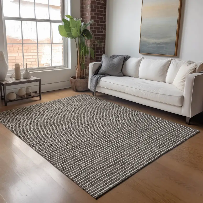 Chocolate And Ivory Striped Washable Area Rug With UV Protection Photo 4