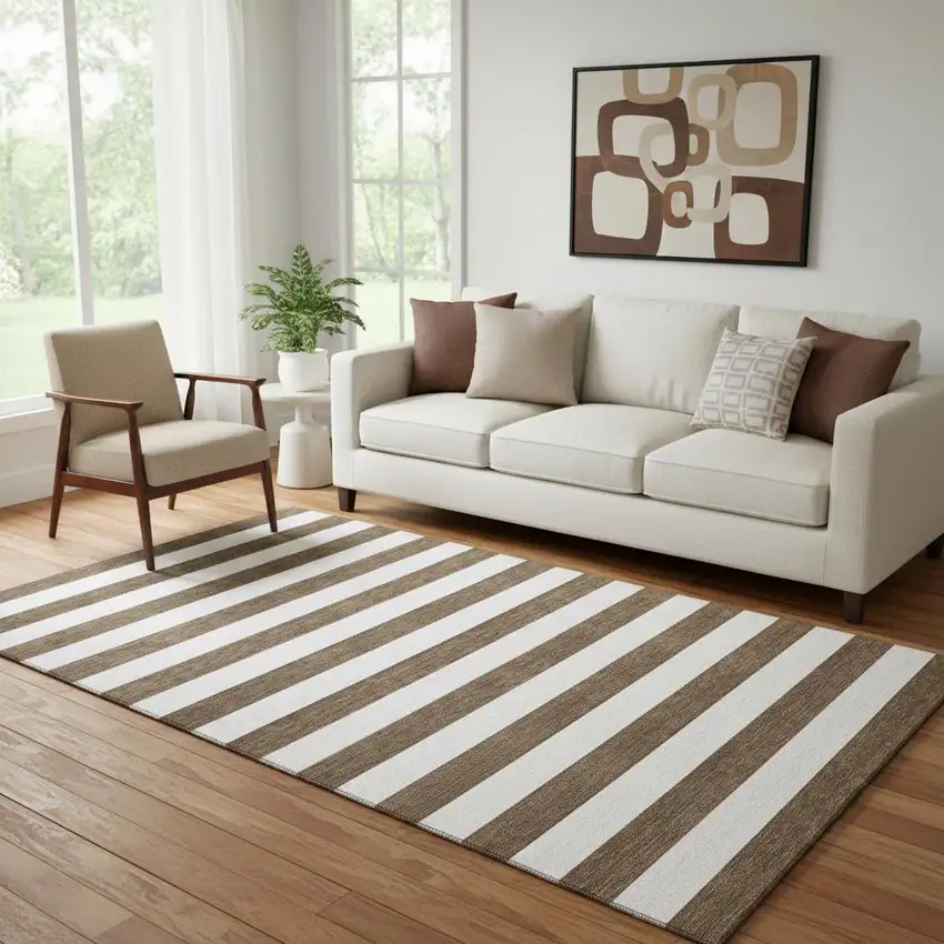 Chocolate And Ivory Striped Washable Area Rug With UV Protection Photo 1
