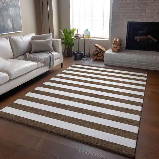 Chocolate And Ivory Striped Washable Area Rug With UV Protection Photo 4