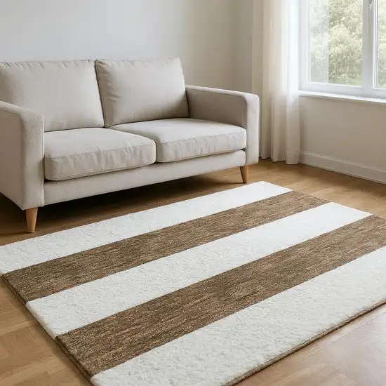 Chocolate And Ivory Striped Washable Area Rug With UV Protection Photo 2