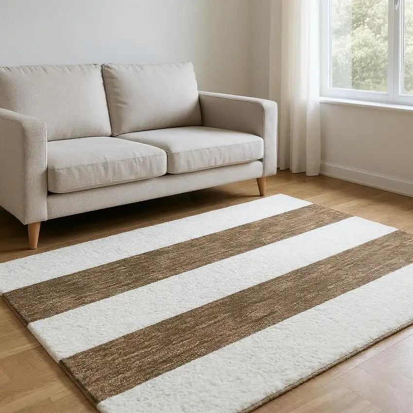 Chocolate And Ivory Striped Washable Area Rug With UV Protection Photo 2