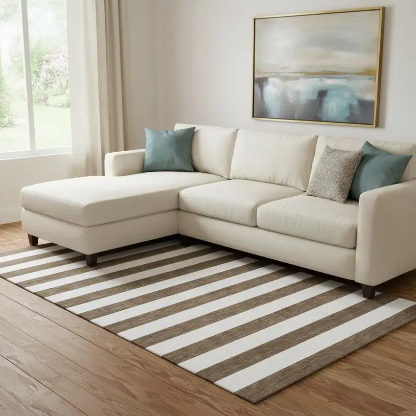 Chocolate And Ivory Striped Washable Area Rug With UV Protection Photo 1