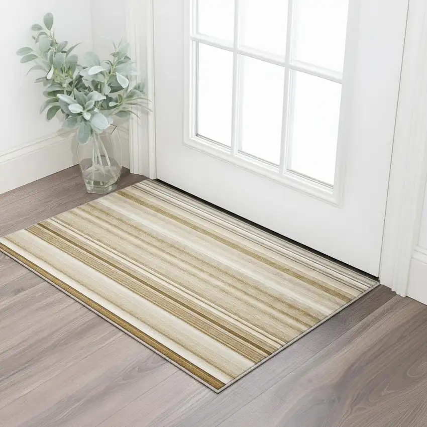 Chocolate And Ivory Striped Washable Area Rug With UV Protection Photo 2