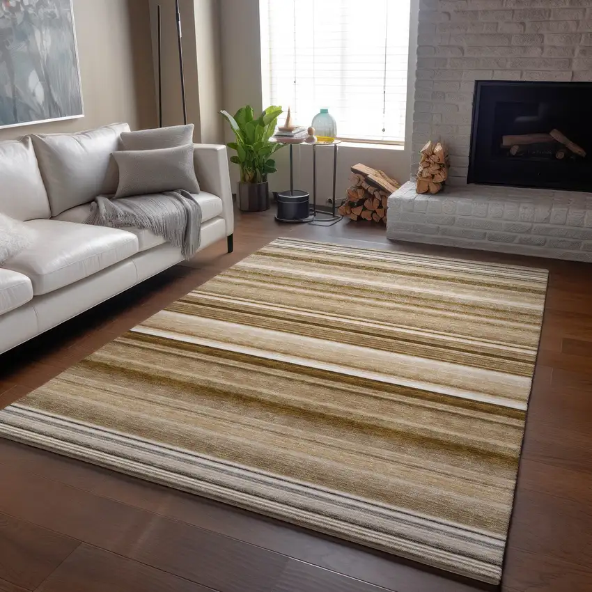 Chocolate And Ivory Striped Washable Area Rug With UV Protection Photo 6