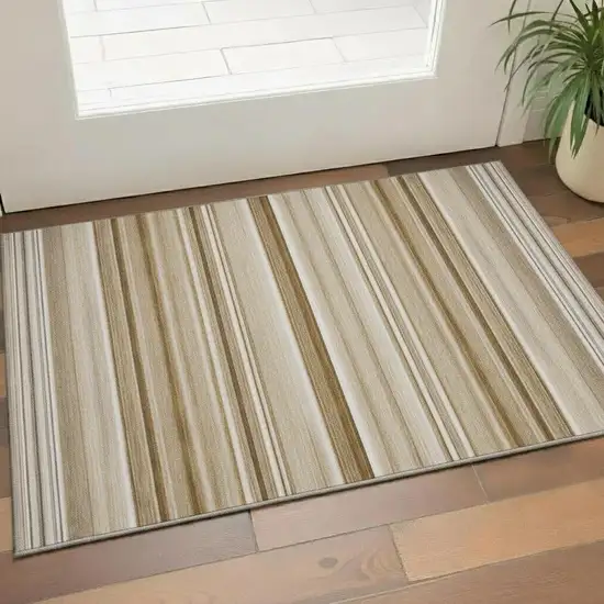 Chocolate And Ivory Striped Washable Area Rug With UV Protection Photo 1