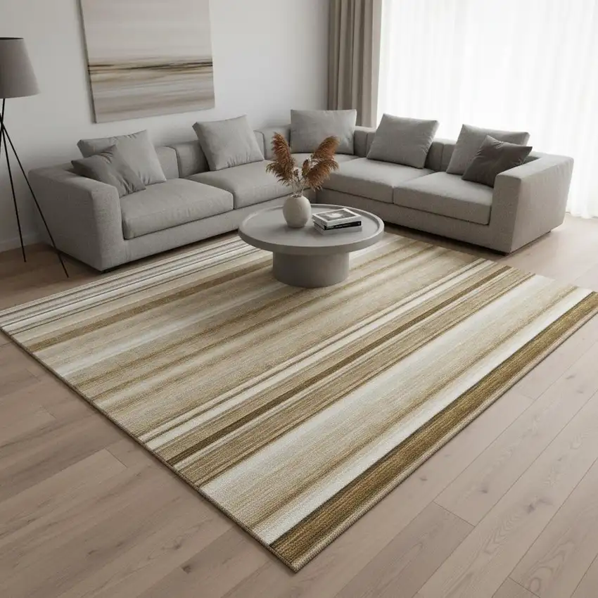 Chocolate And Ivory Striped Washable Area Rug With UV Protection Photo 2