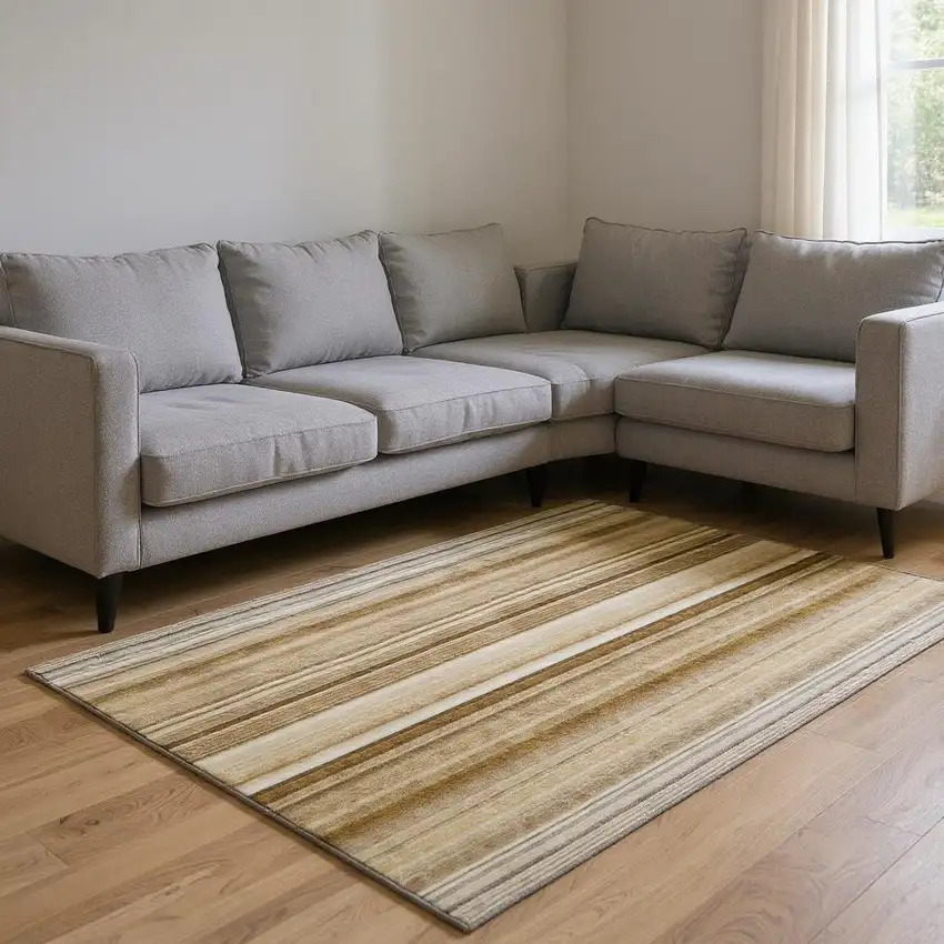 Chocolate And Ivory Striped Washable Area Rug With UV Protection Photo 2