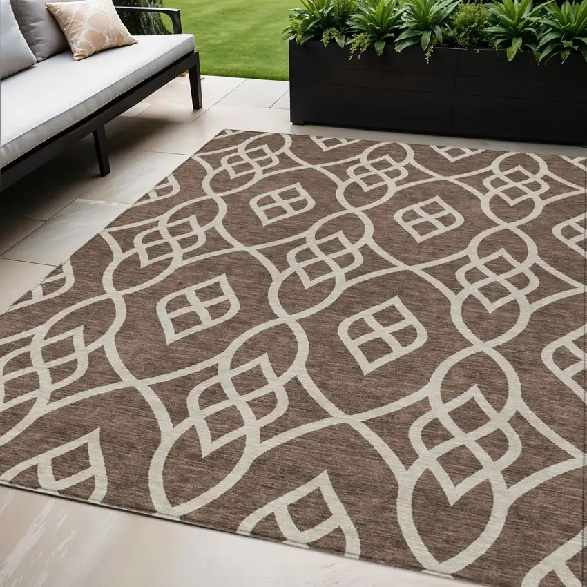 Chocolate And Ivory Trellis Washable Indoor Outdoor Area Rug Photo 1