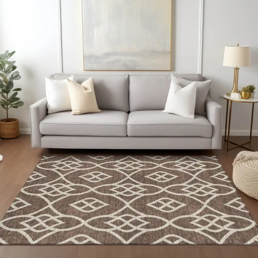 Chocolate And Ivory Trellis Washable Indoor Outdoor Area Rug Photo 9