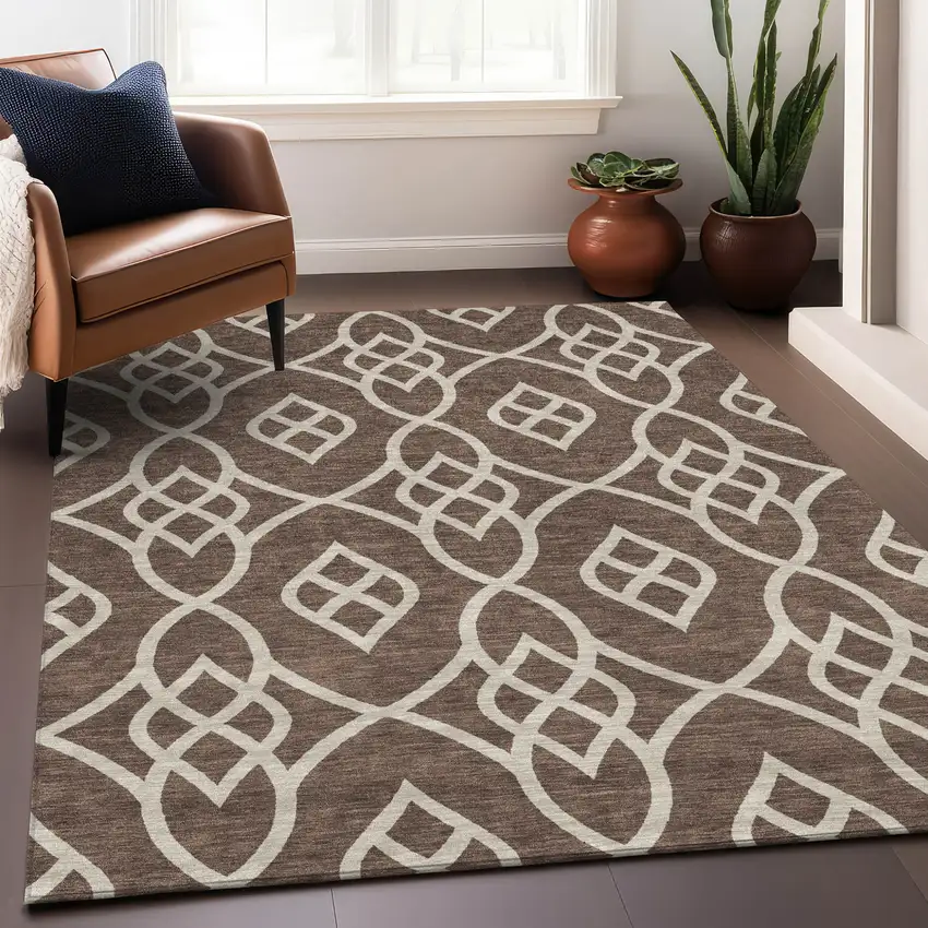 Chocolate And Ivory Trellis Washable Indoor Outdoor Area Rug Photo 9