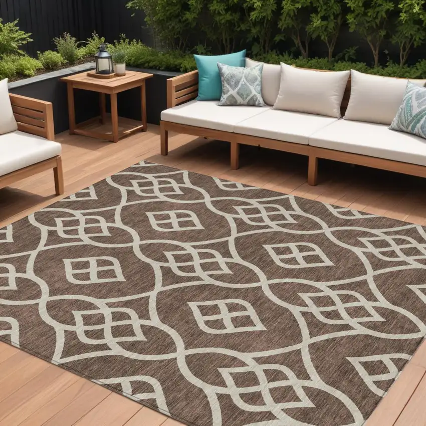 Chocolate And Ivory Trellis Washable Indoor Outdoor Area Rug Photo 1