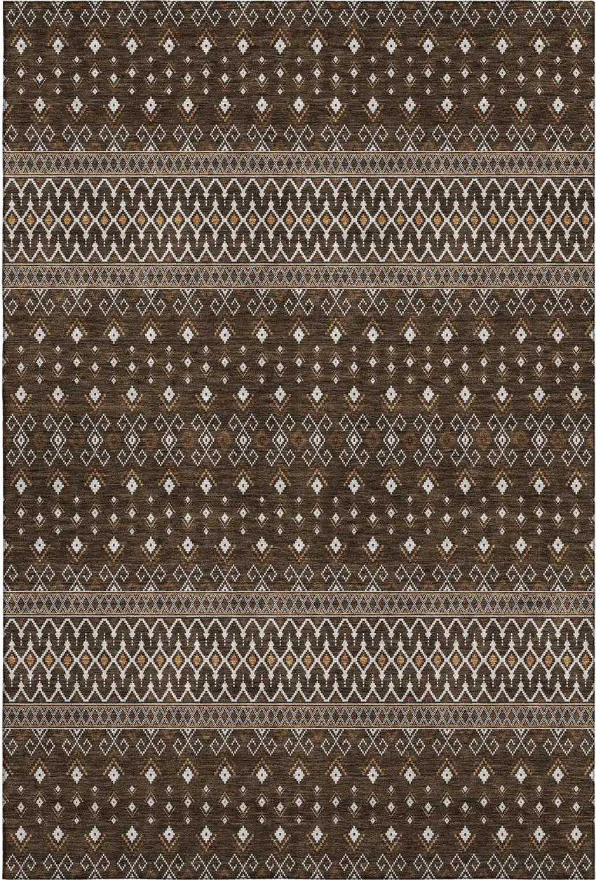Chocolate And Ivory Tribal Washable Area Rug With UV Protection Photo 1