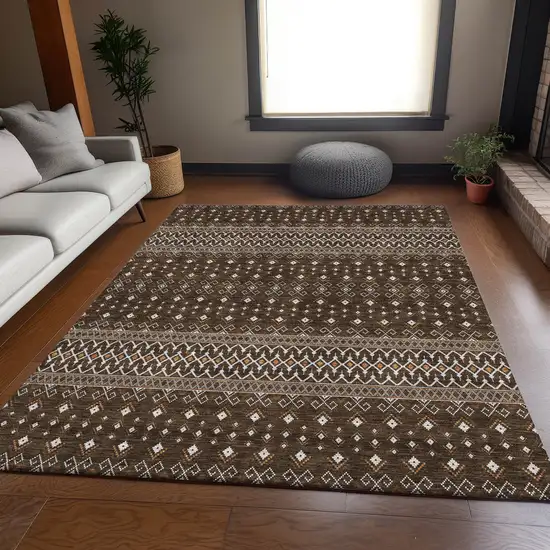 Chocolate And Ivory Tribal Washable Area Rug With UV Protection Photo 4