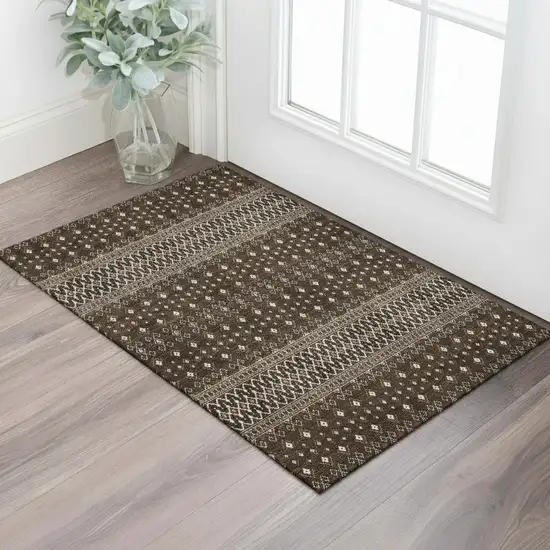 Chocolate And Ivory Tribal Washable Area Rug With UV Protection Photo 1